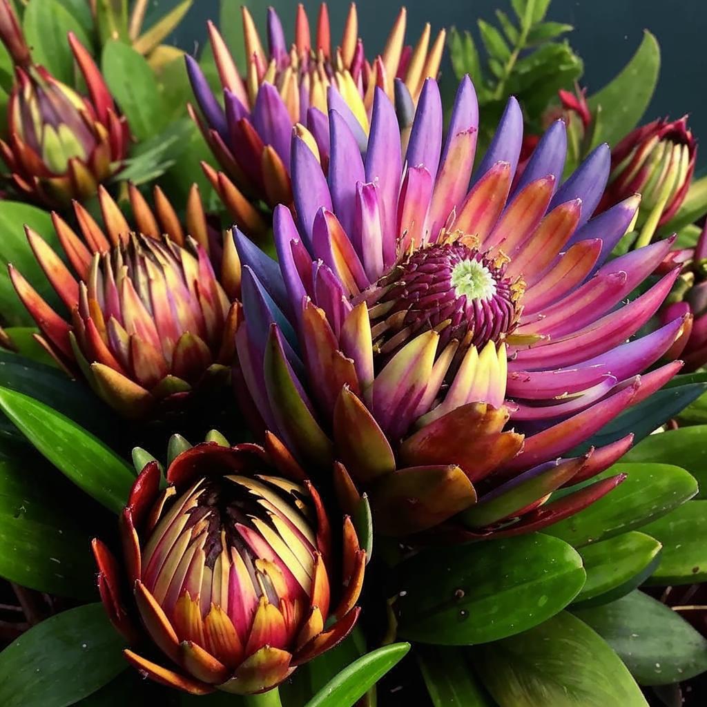 Foto koleksi spesies tanaman protea yang beragam, menampilkan bentuk dan warna yang unik.