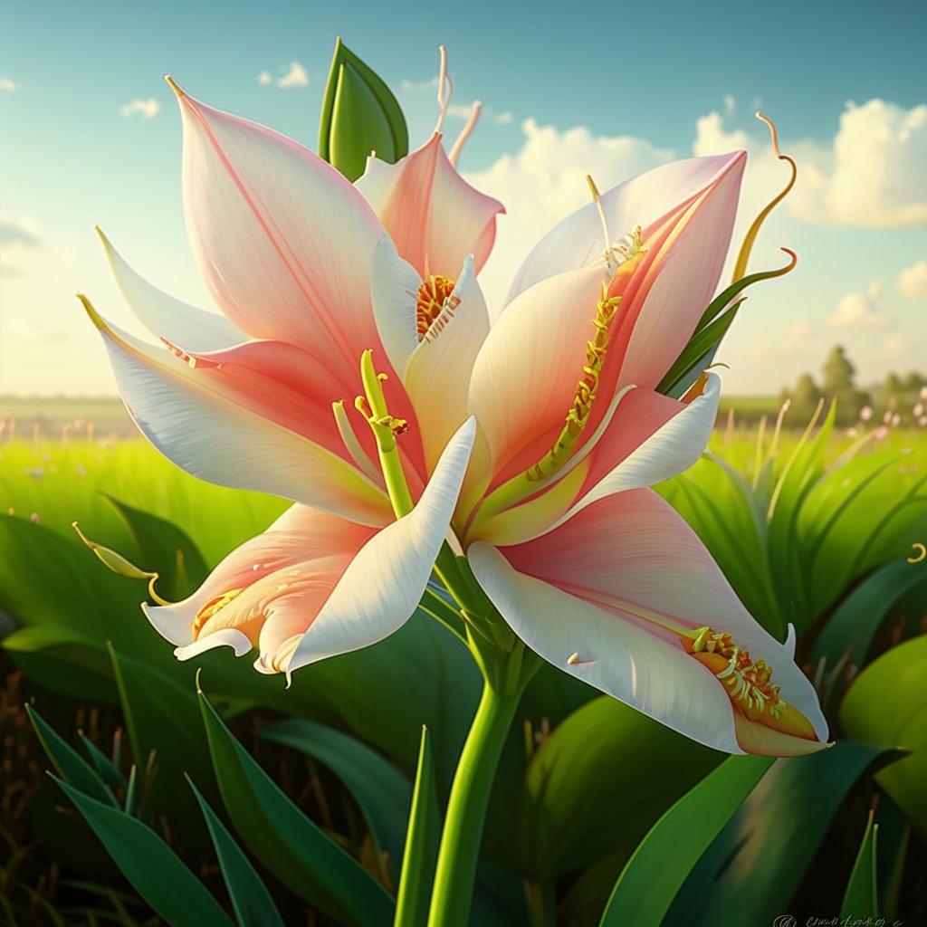 Ladang bunga gladiol dengan kelopak berwarna-warni bermekaran di bawah sinar matahari.