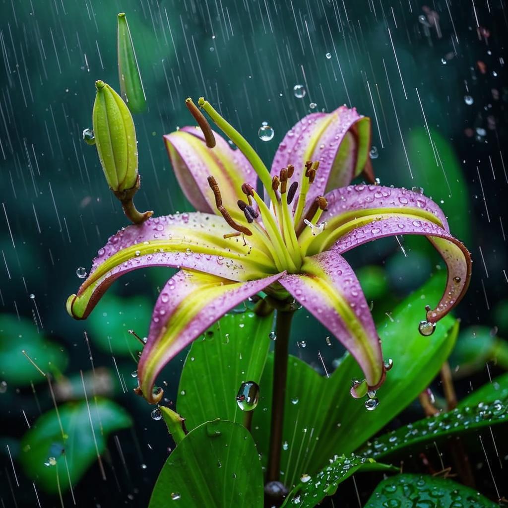 Bunga lily hujan yang mekar dengan indah di tengah guyuran hujan