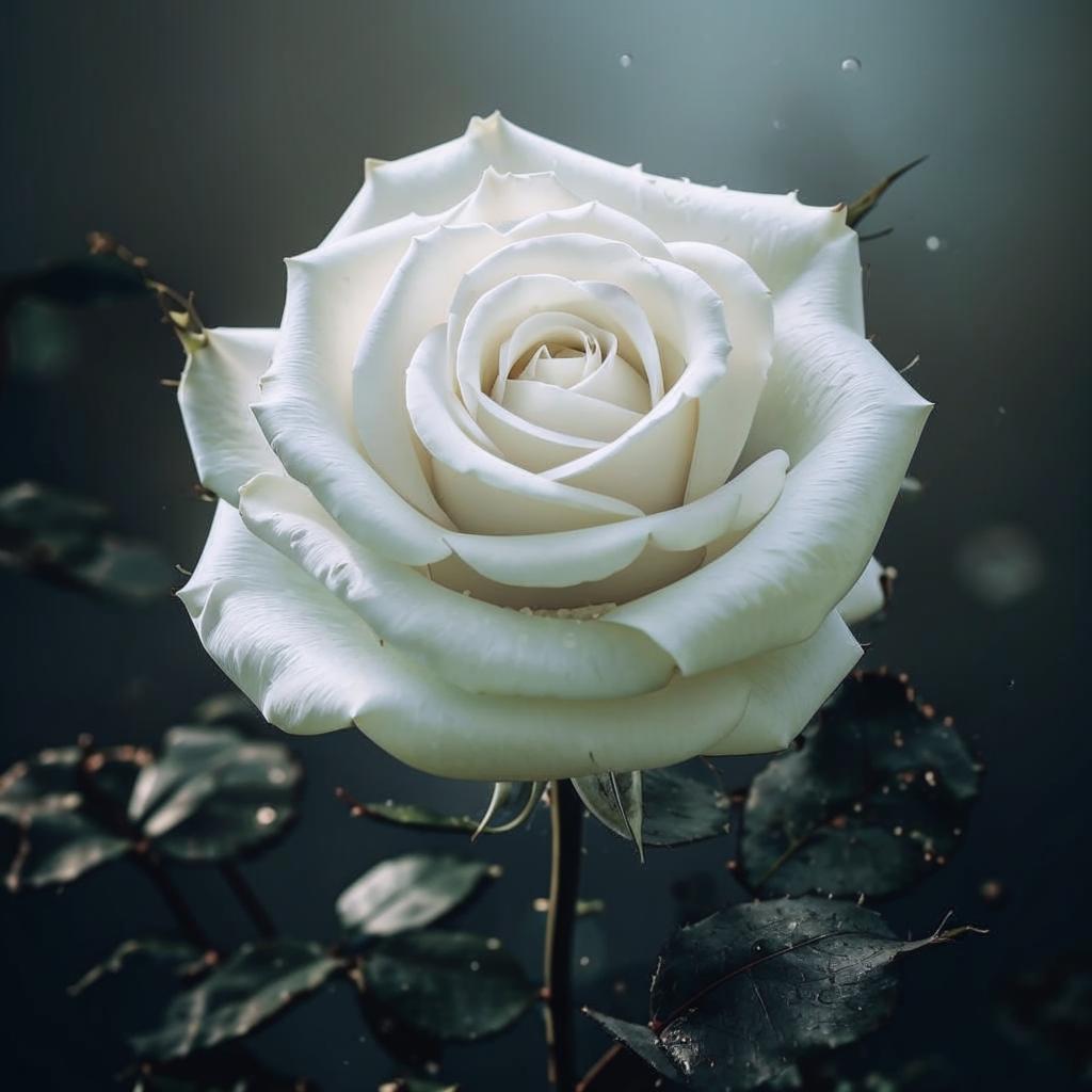 Gambar bunga mawar putih yang sedang mekar, melambangkan kemurnian dan kedamaian.