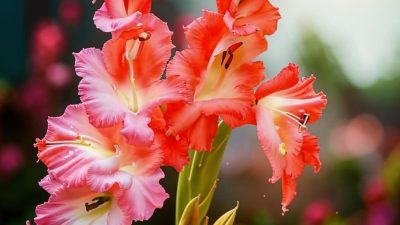 Ilustrasi bunga gladiol yang mekar dengan indah, menampilkan warna-warna cerah dan bentuk yang anggun.