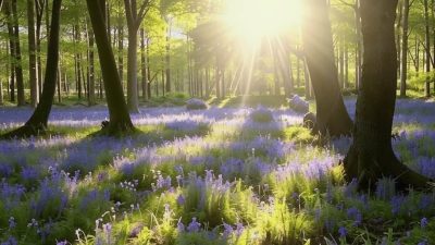 Ladang Bluebell liar yang luas dengan bunga-bunga biru keunguan mekar di bawah sinar matahari yang cerah, menciptakan karpet warna yang menakjubkan.