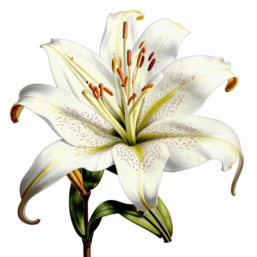 Ilustrasi bunga Lily dengan kelopak putih bersih dan putik kuning yang menjulang tinggi, melambangkan keanggunan, kemurnian, dan perayaan pencapaian.