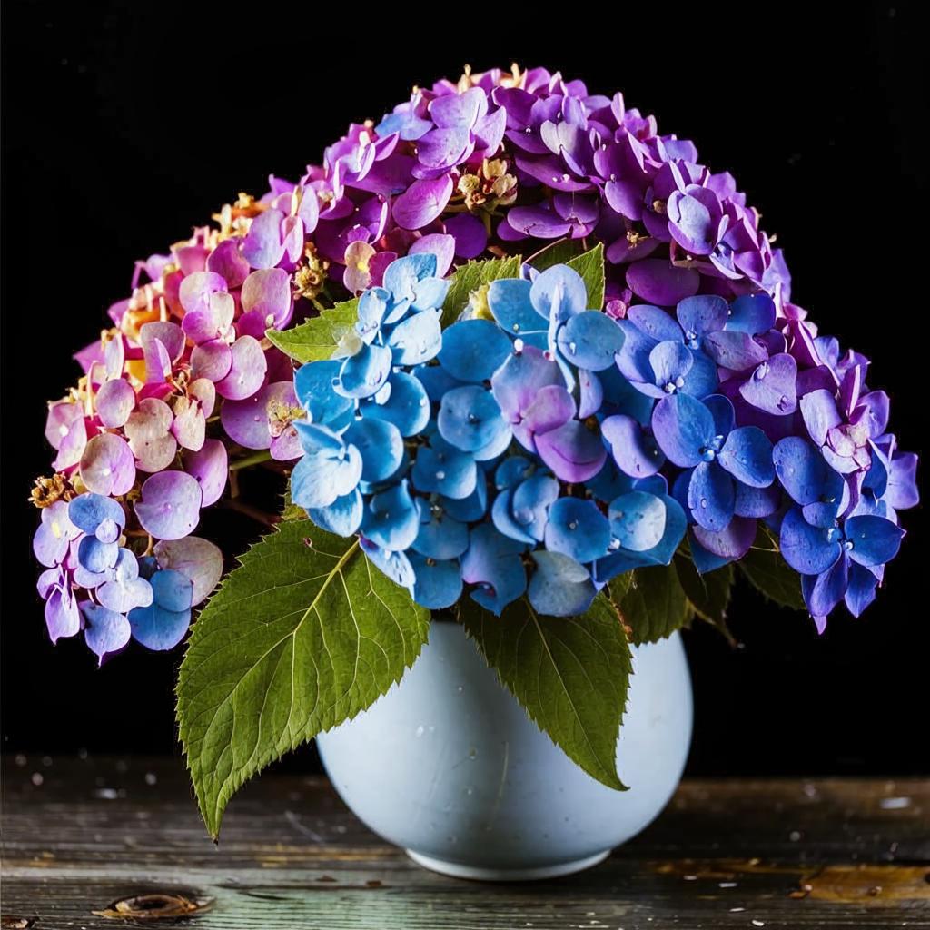 Bunga hortensia dengan kelopak berwarna-warni dan rimbun, simbol kecantikan dan keanggunan