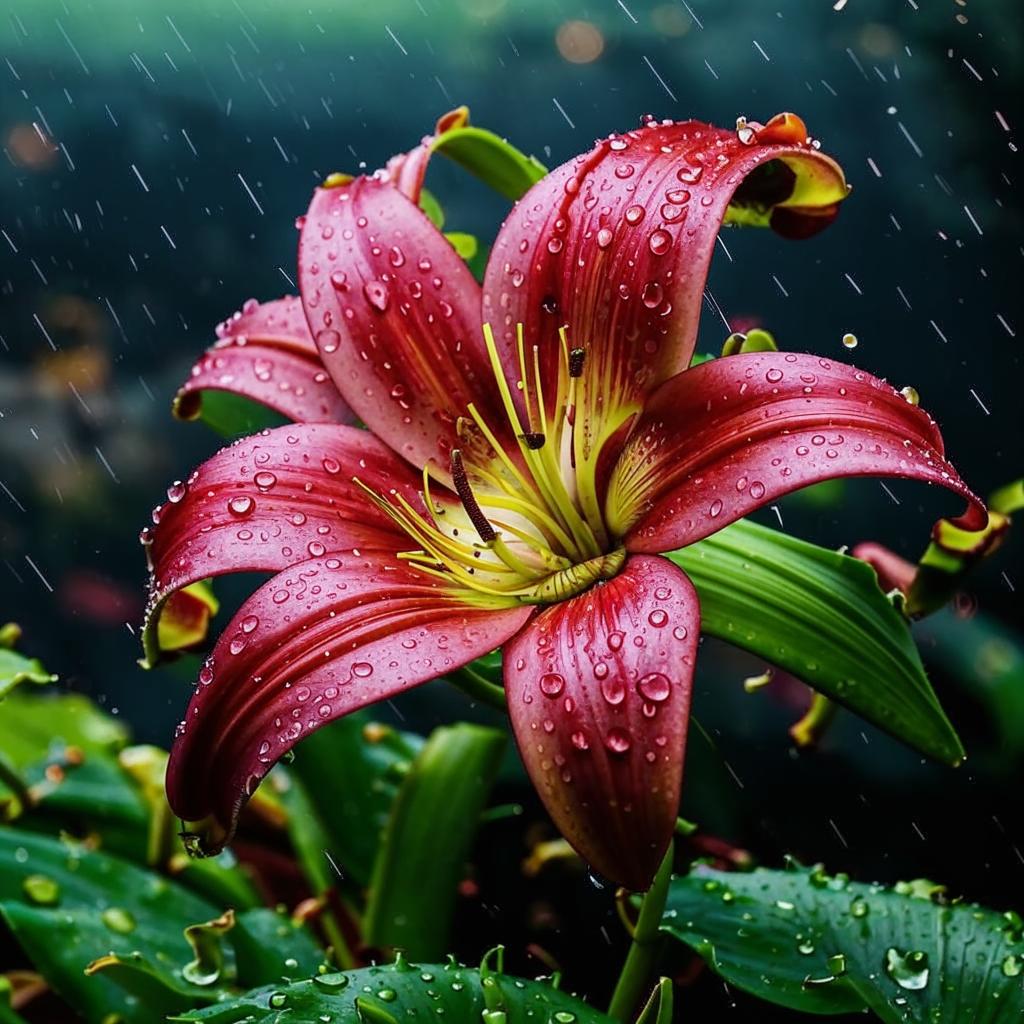 Gambar bunga lily hujan yang indah sedang mekar, memberikan nuansa kesegaran dan keunikan di lingkungan sekitarnya.