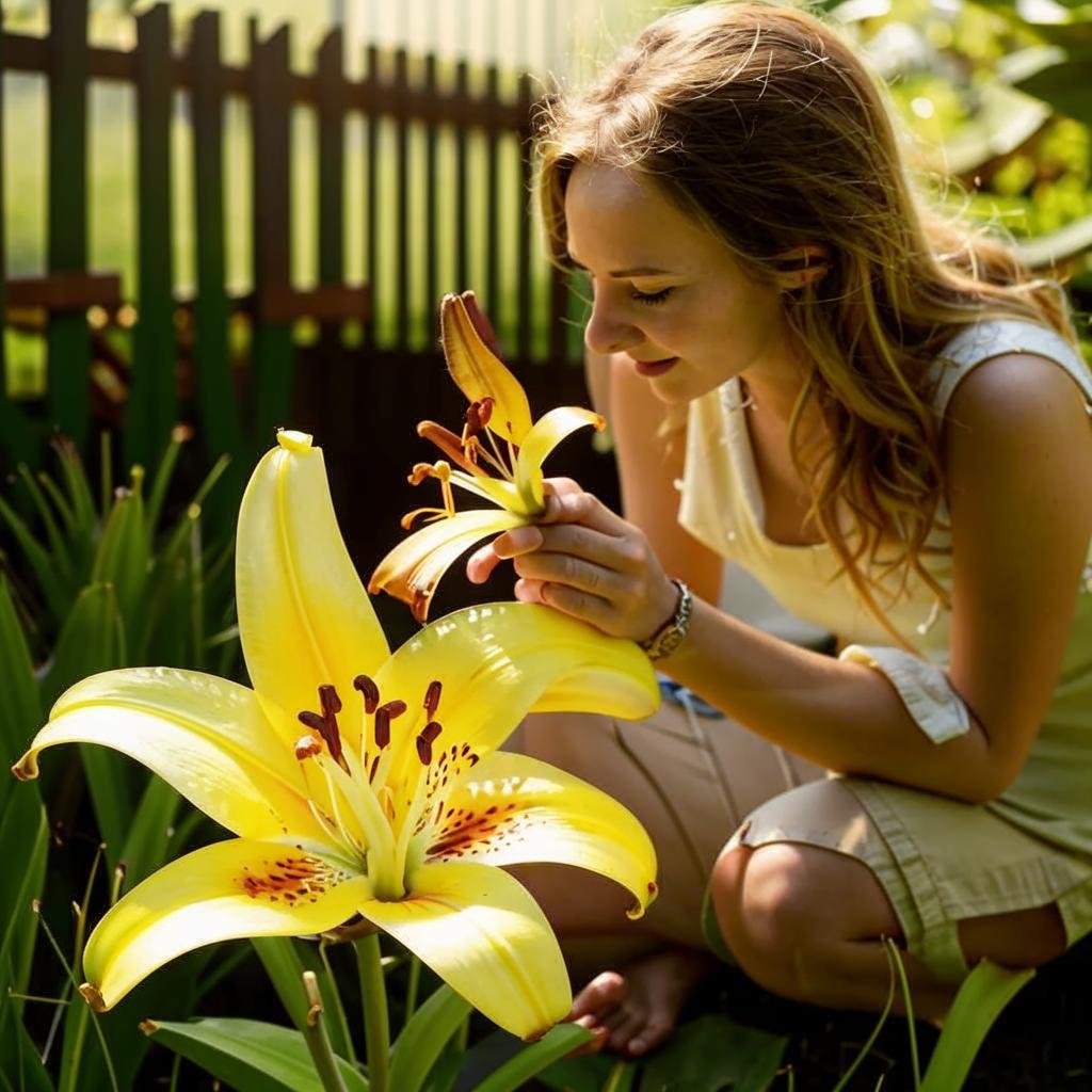 Gambar bunga Lily Hujan yang indah bermekaran di taman yang rimbun, menciptakan suasana yang menenangkan dan memikat.