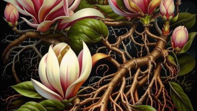 Gambar ilustrasi akar bunga magnolia dengan keterangan struktur, jenis, dan fungsinya