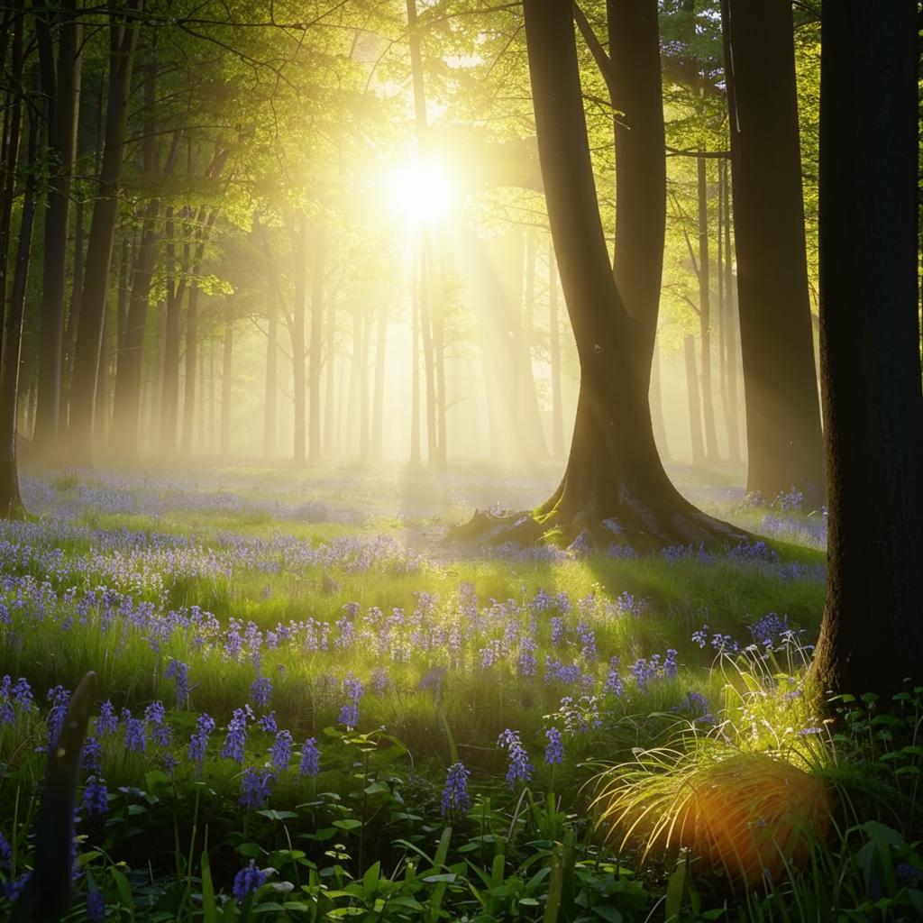 Hamparan bunga bluebell liar bermekaran di hutan dengan sinar matahari yang menyinari
